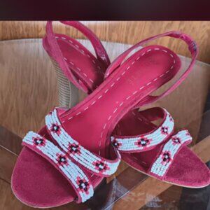 Abaete Red Beaded Dress Sandals 2 1/2 " stacked heel sling - women size 8
